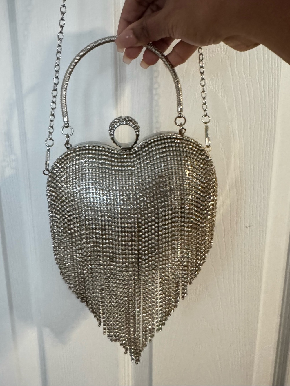 Silver Crystal Heart Fringe Evening Bag - Women